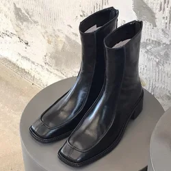 Withered Autumn French Fashion Blogger Ankle Boots Women Vintage Square Toe Leather Chelsea Boots Commuter Casual Zipper Biker