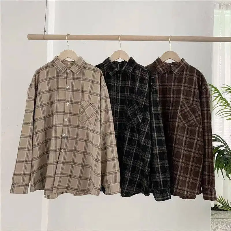 

2025 Korean Fashion Casual Fall Outwear Tops Vintage Plaid Shirts Women Autumn Long Sleeve Button Up Shirt Blusas Mujer