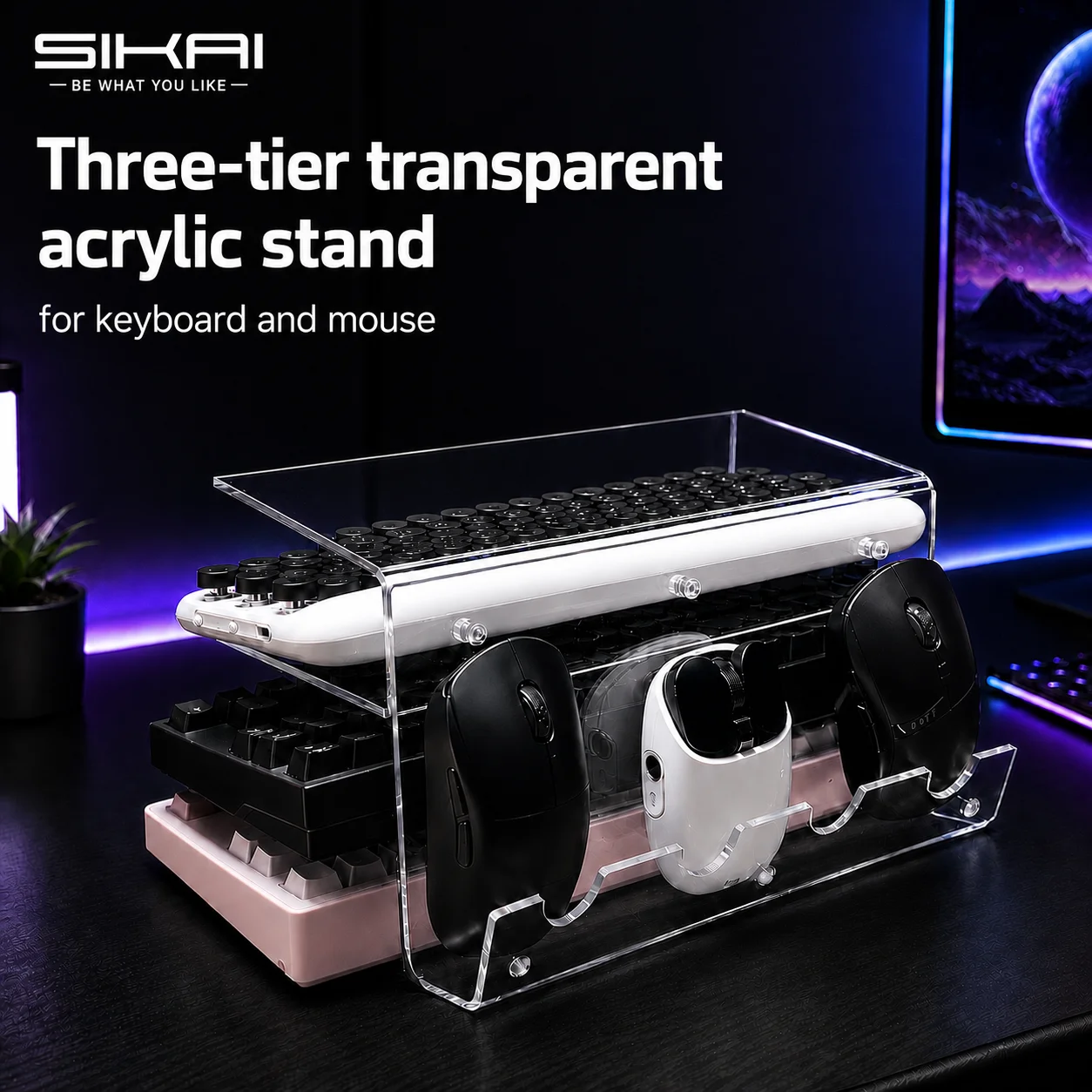 

Keyboard Mouse Desktop Organizer Acrylic 3 Tier Stand Frame Shelf Lightweight Keyboard Storage Tool For Study Room Exhibition