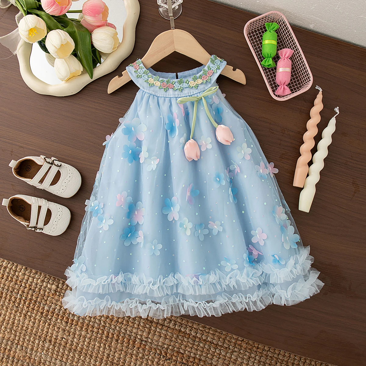 Mädchen Kleid Sommer Floral Mesh Neckholder Baby Mädchen Kleid Niedliche Schleife Baby Kleid Baby Mädchen Kleidung