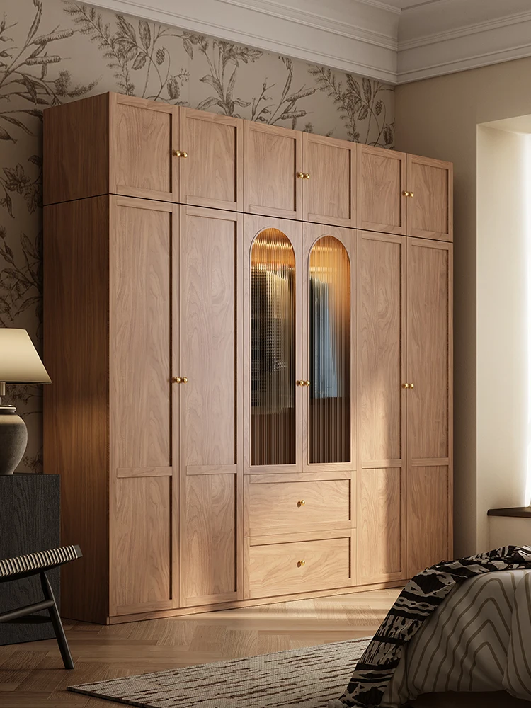 

Nordic casement door wardrobe household bedroom modern simple small apartment walnut medium antique glass door locker