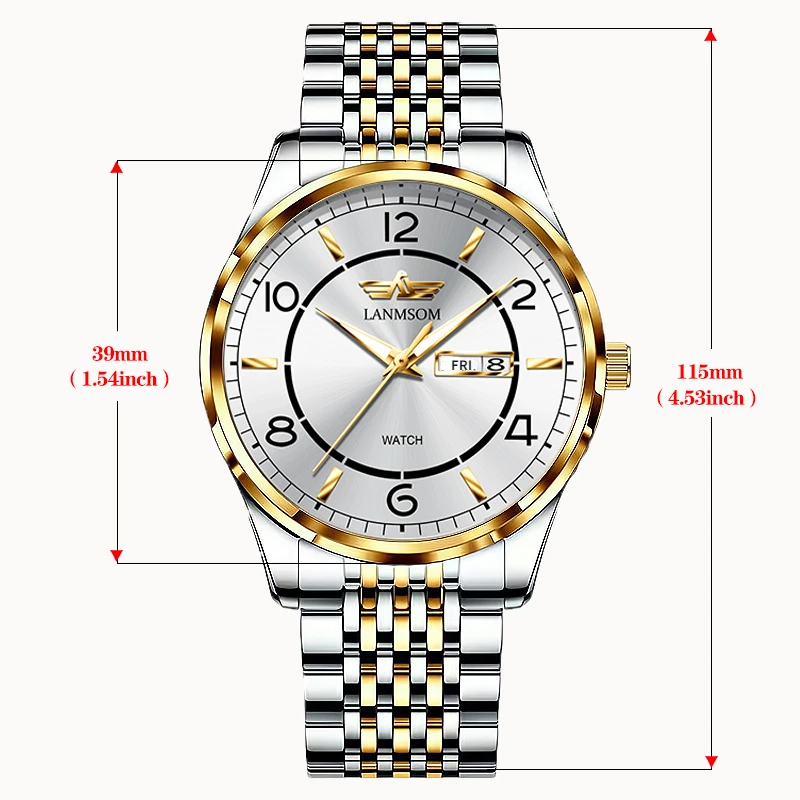 New stainless steel leisure watch, men's business waterproof quartz watch, large digital night light dual calendar men's watch