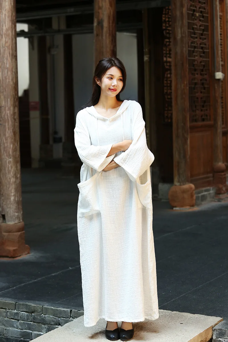 TIYIHAILEY Otoño Invierno mujeres algodón largo Maxi vestido 3/4 manga señoras Vintage negro rojo blanco grueso vestidos cálidos con capucha bolsillo