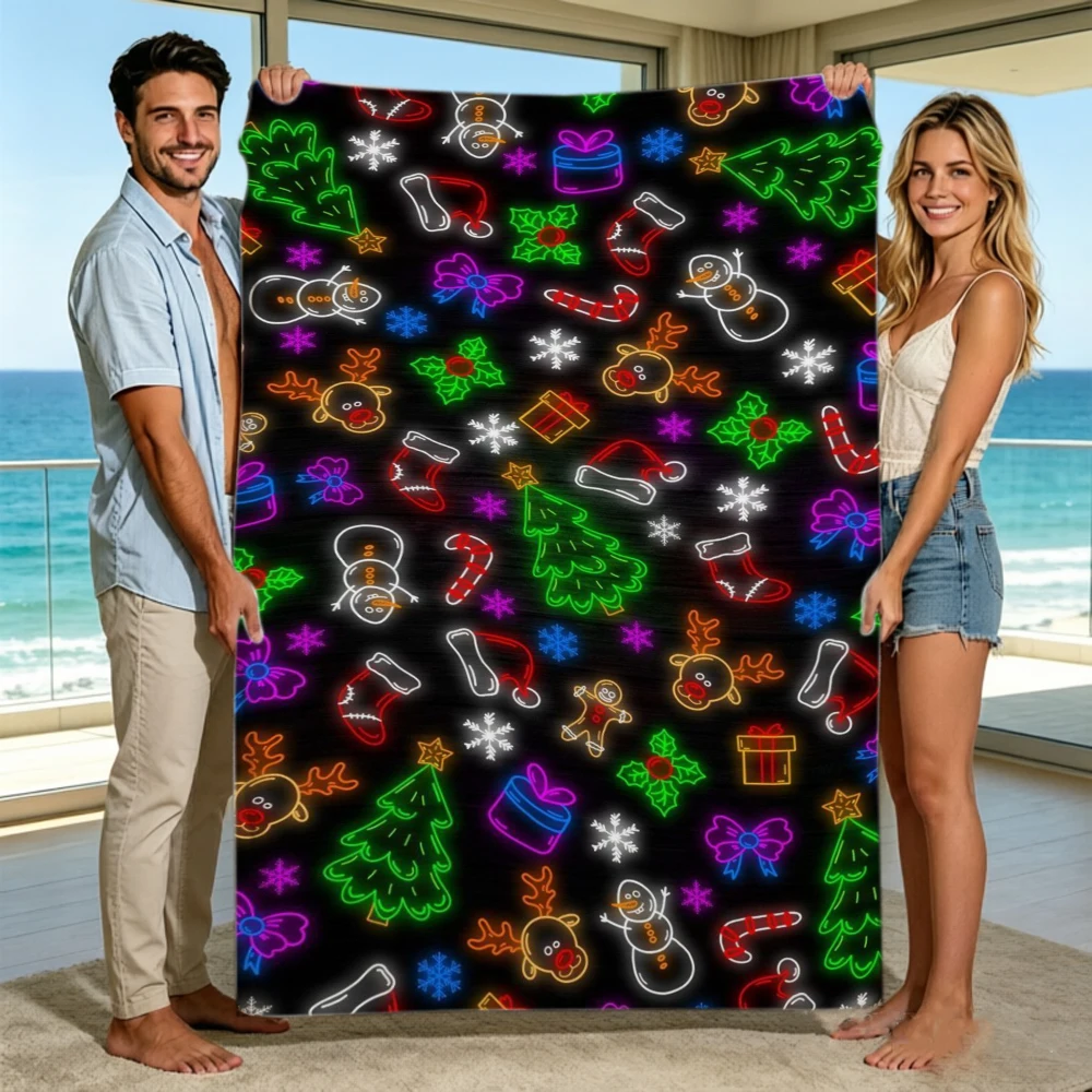 Neon Fleece Blanket Glow Xmas Tree Soft Warm Throw Blankets For Sofa Bed Stocking Snowflake Cyberpunk Style Home Decor