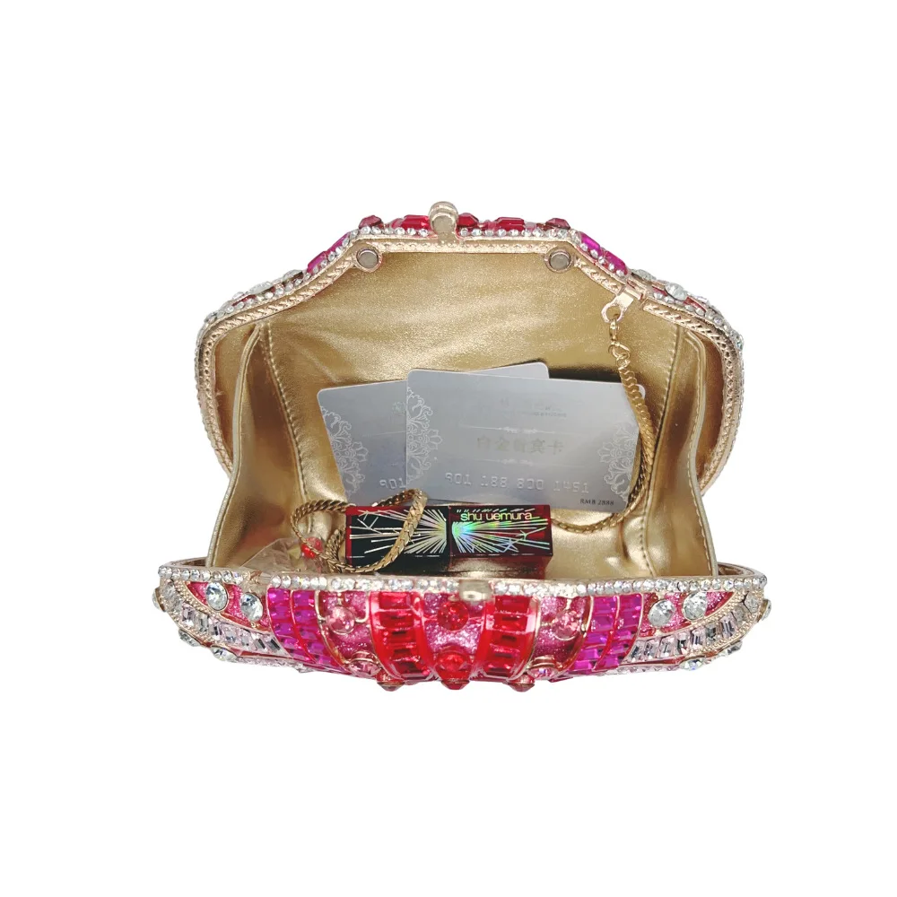 Fan Shaped Crystal Clutch Rose Red Gradient Rhinestones Round Clasp Hard Shell Evening Bag For Weddings And Gala Nights