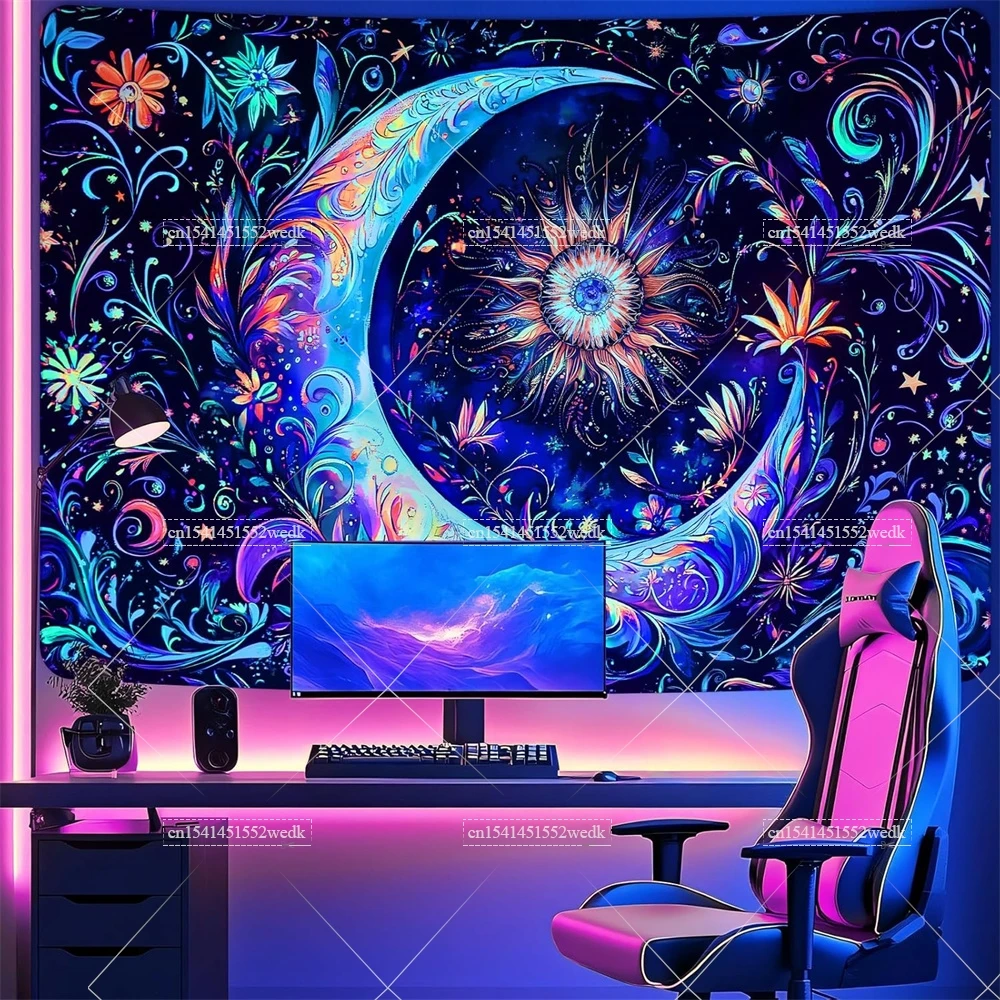 Blacklight Tapestry Moon Sun UV Reactive Aesthetic Bohemian Flowers Black Light Tapestry Wall Hanging Glow In The Dark Wallpaper