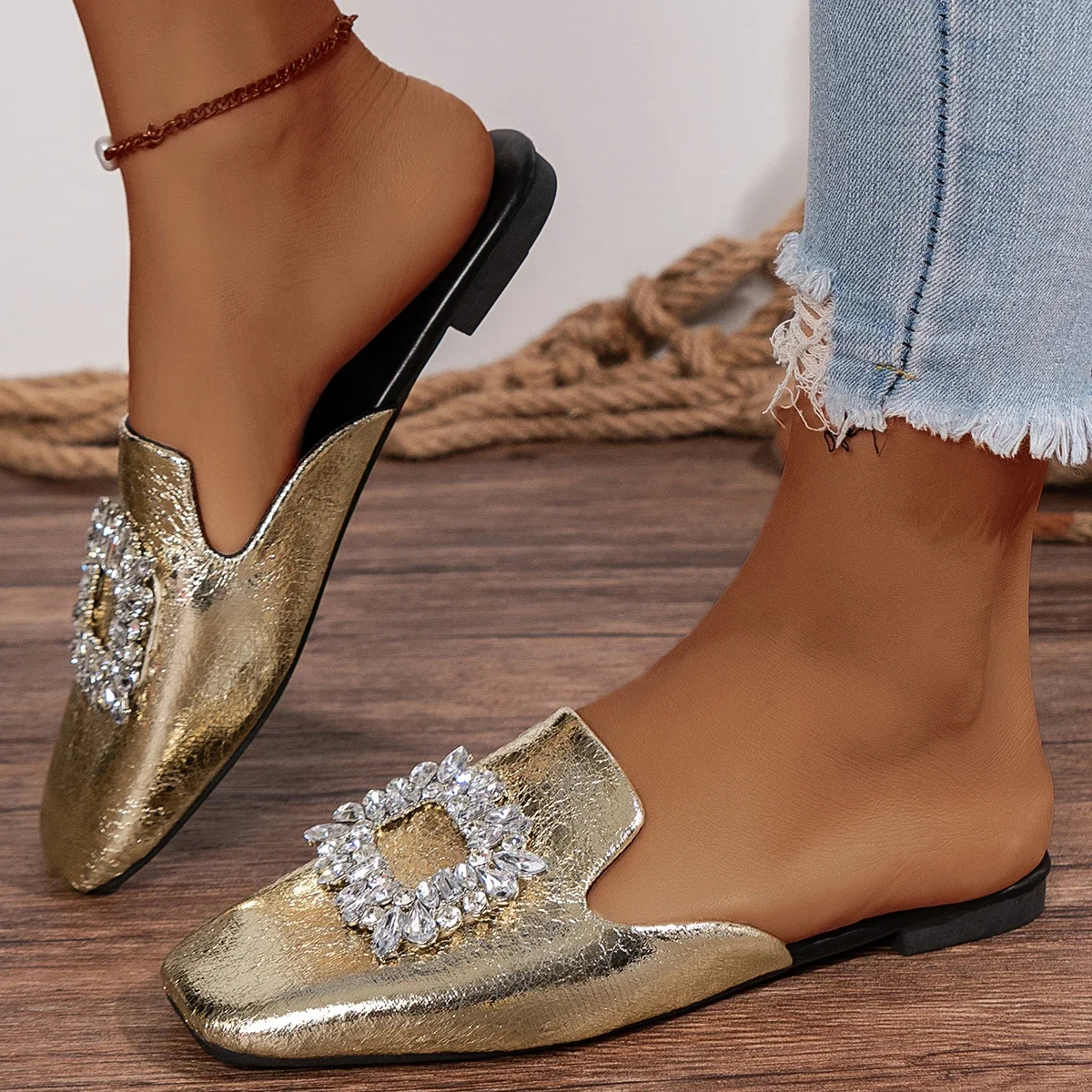 Golden Rhinestone Women's Slippers Flat Heels Slides Summer Shiny Crystal Sandals Woman Plus Size 42 Outdoor Flip-Flops Slide