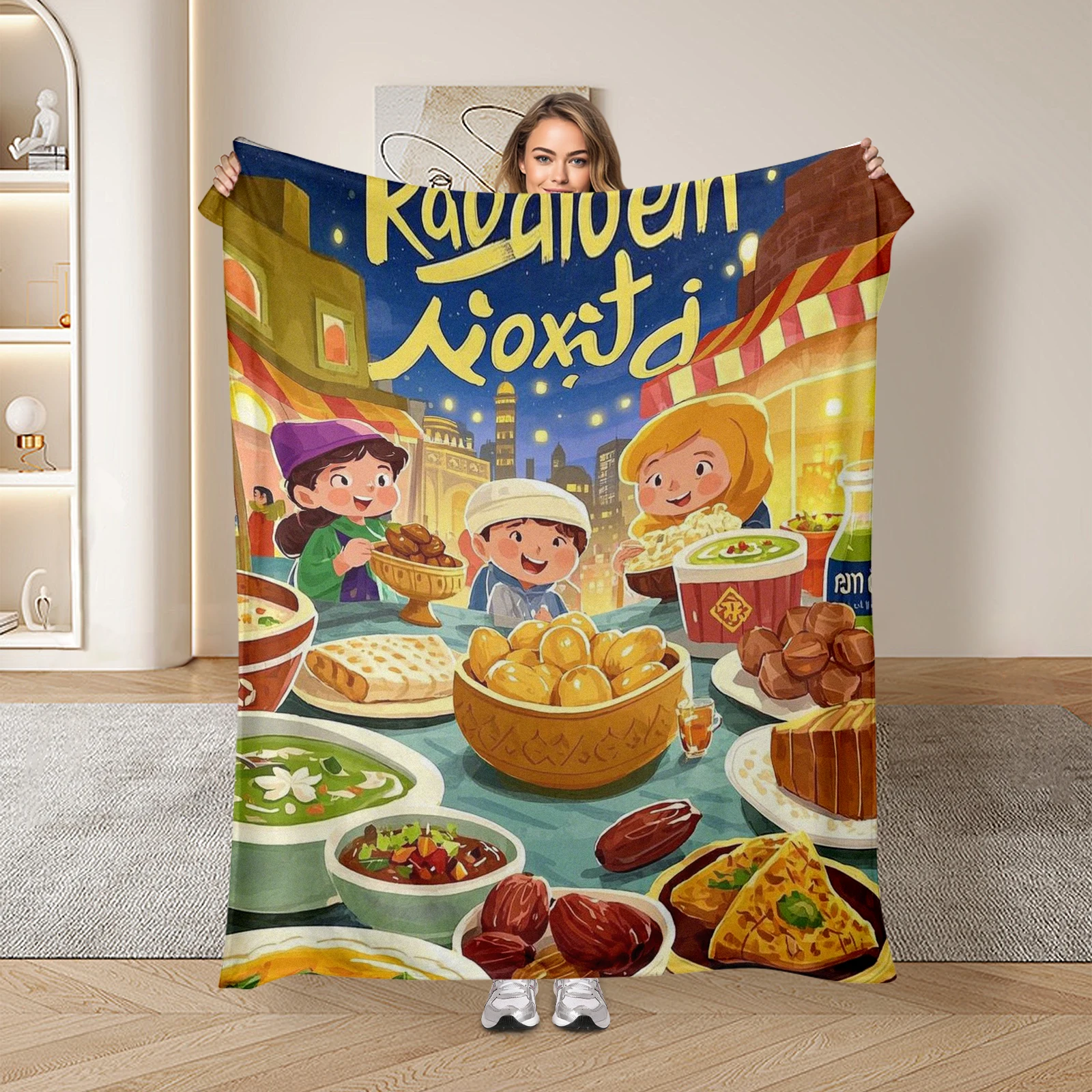 Special Gift Blanket Depicting Cartoon Roles Enjoying Mid East Ramadan Festival Family Gatherings And Traditional Foods