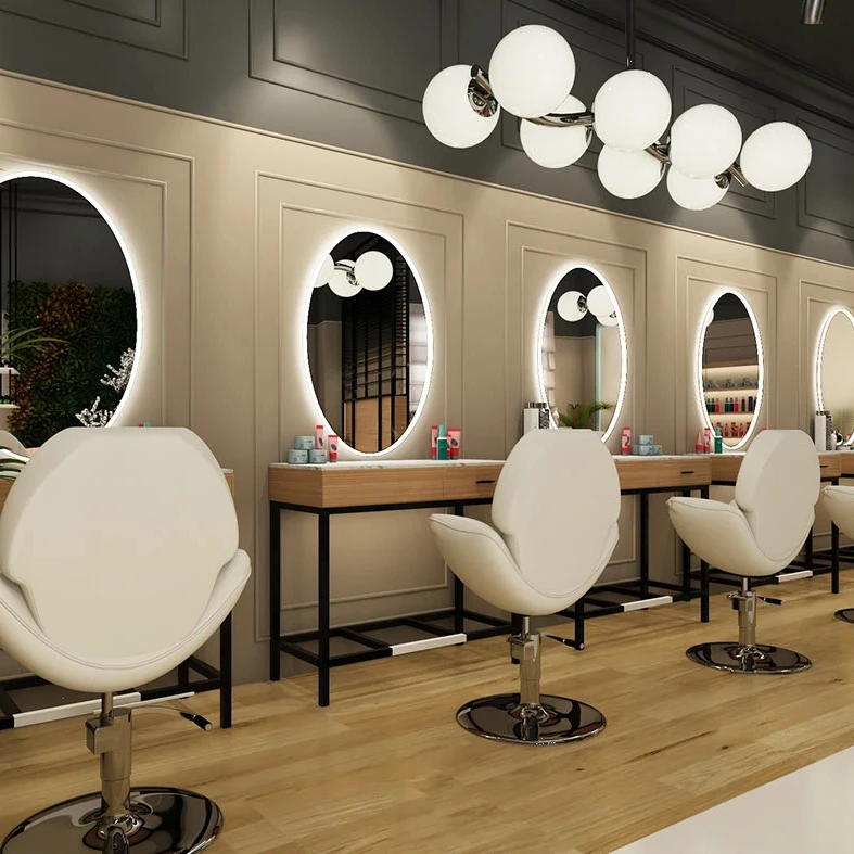 AIROW Space-Age Salon Furniture Set  Oval LED Mirror Station  Bubble Chandelier   Shampoo Chair for Beauty Studio Decoration