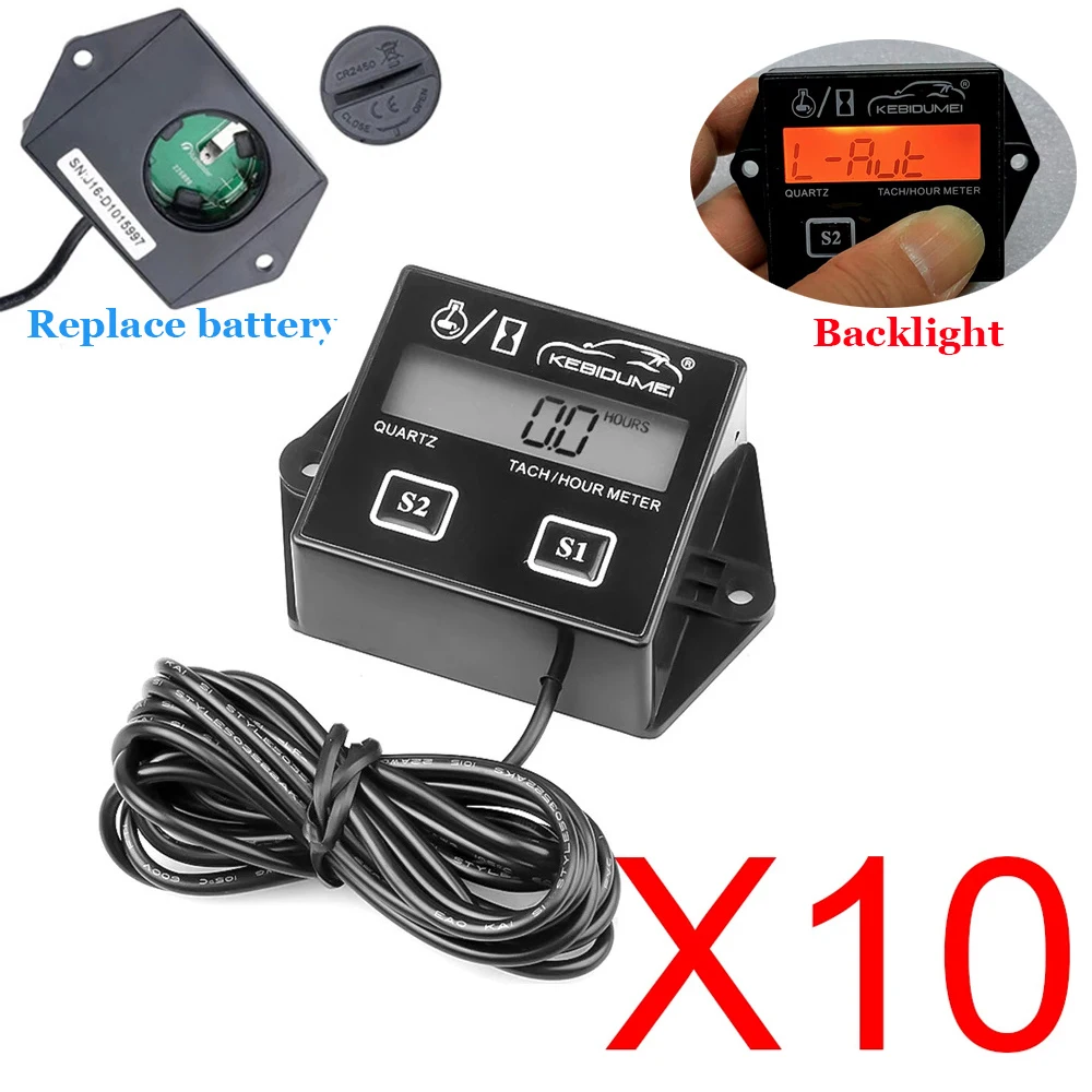 10x Digital Engine Tach Hour Meter Tachometer Gauge Engine RPM LCD Display For Motorcycle Stroke Engine Boat