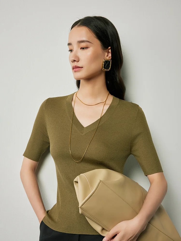 

wei Premium Spun Ultrine Wool ort Sve V-Ne Knitted T-irt Women's mat Sle Base Layer Ribbed Knitwear