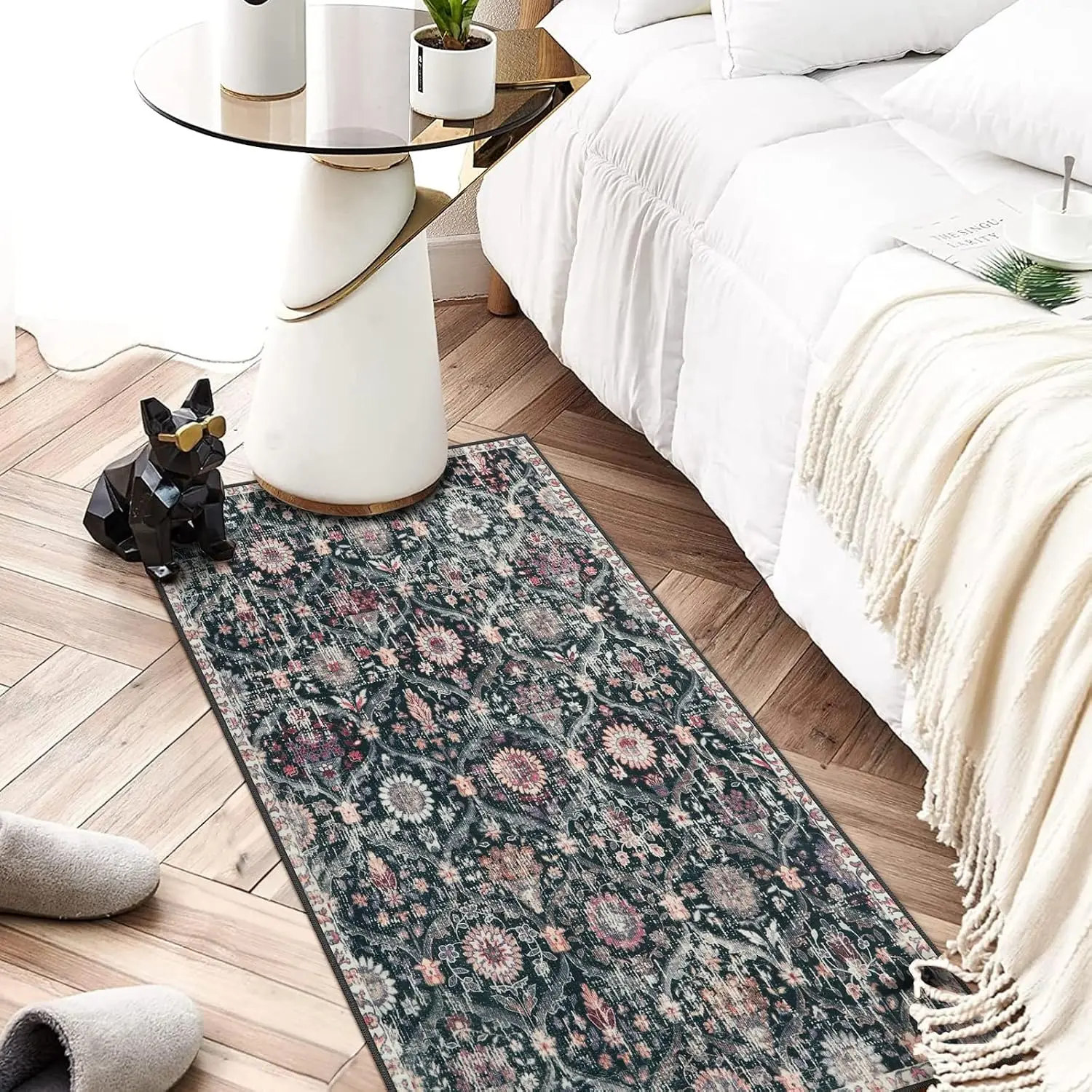 Black Washable Rug Charcoal Floral Dining Comfy Bedside Floor Mat Front Door Carpet Patio Corridor Living Sofa Soft Floor Mat
