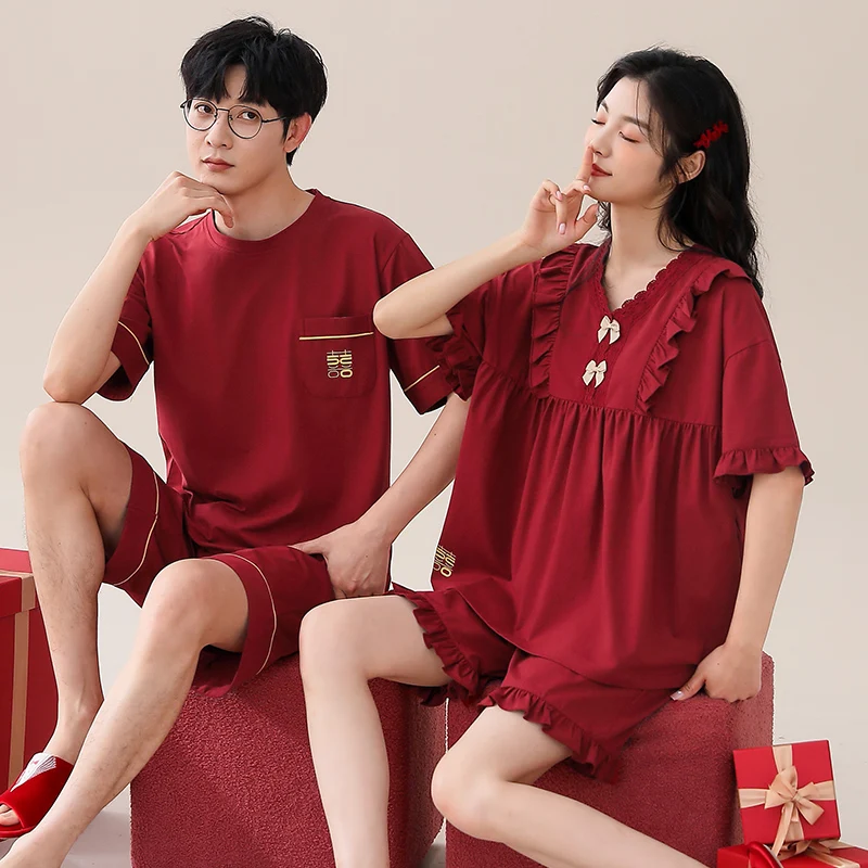 Couple Pajama Set Summer Short Sleeve Pyjamas Knited Cotton Men and Women Casual Sleepwear