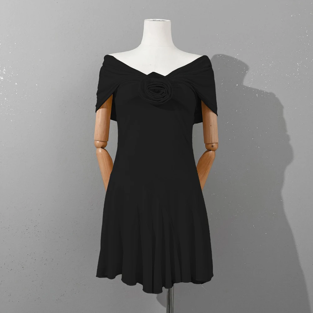 Women Elegant 3D Flower Off The Shoulder Mini Dress Ruched Bodice Flowy Ruffle Hem A-line Dress Date Night Cocktail Party Dress