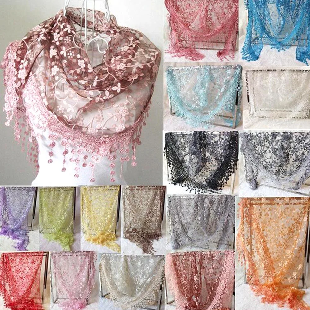 Women Triangle Scarf for Church Prayer Shawl Embroidered Lace Veil Floral Tassel Veils Mantillas for the Church\'s Pendant Scarve