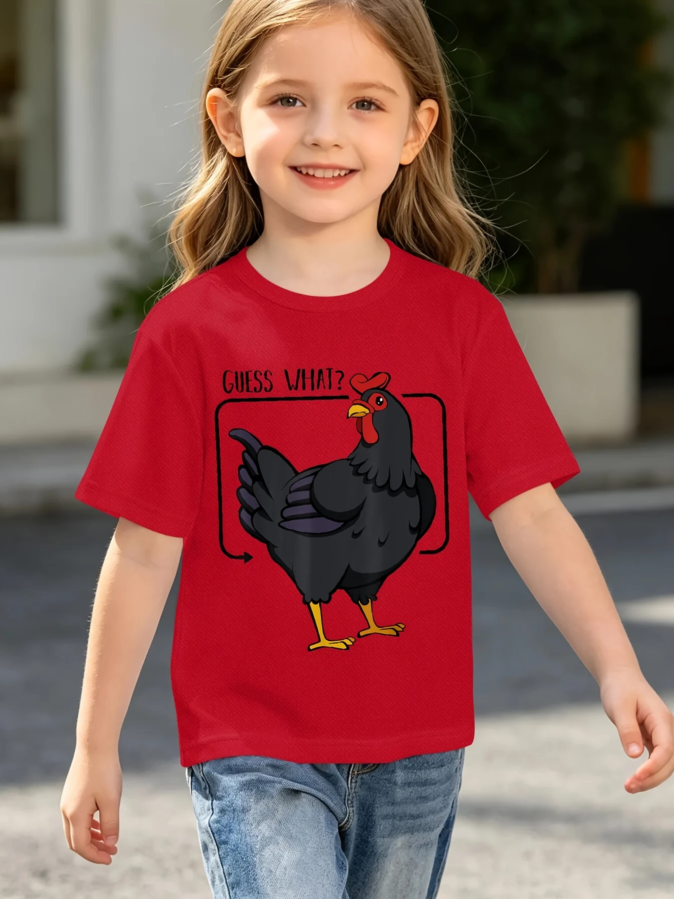 Camiseta con estampado de pollo negro de dibujos animados "Guess What" para niños y niñas, camiseta de manga corta con diseño de animales de granja, camisetas de algodón casuales a juego para toda la familia.