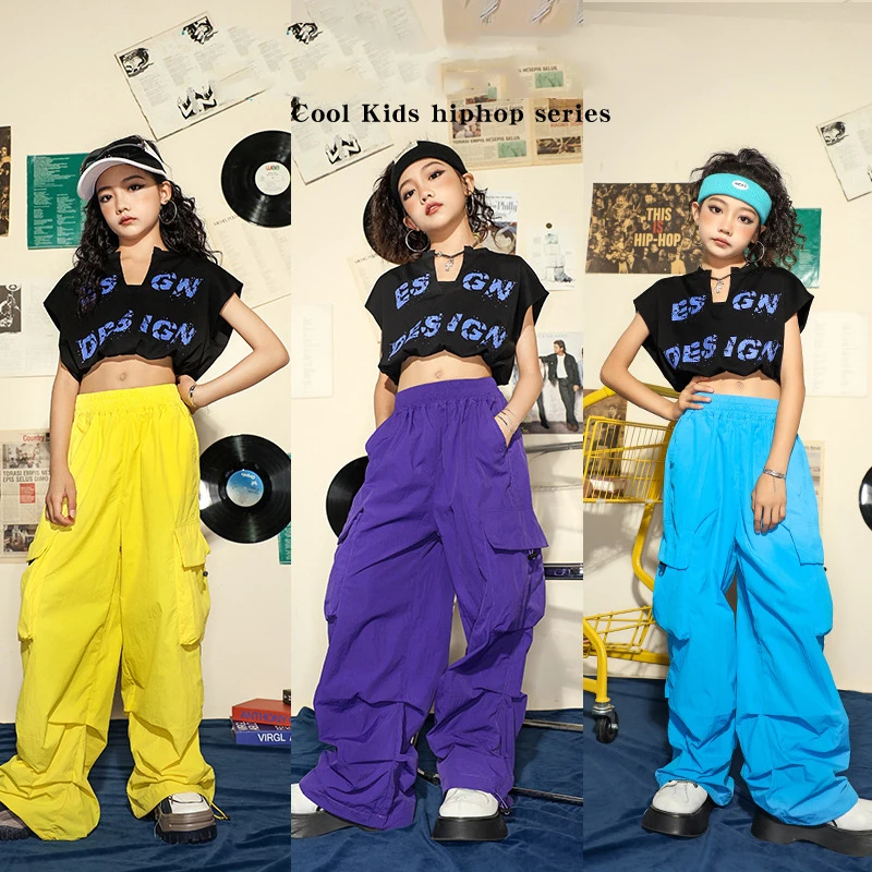 2023 Hip Hop Girls Costume Summer Crop Tops Loose Cargo Pants Street Dance Jazz Practice Wear Modern Performance Clothes BL11225