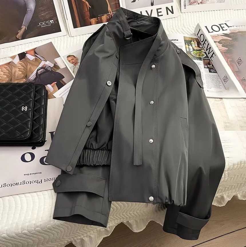 Stand Collar Windbreaker Jacket Women Epaulet Strap Decor Button Zip‑Up Loose Short Trench Coat Elastic Casual Ladies Outerwear