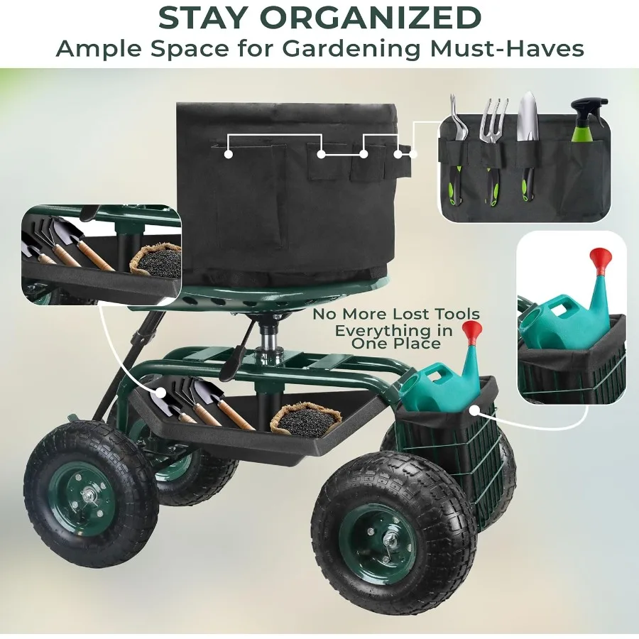 مقعد حديقة بعجلات قابل للتعديل 360 قطب البستنة البراز مع تعديل الارتفاع الهيدروليكي مسند الظهر مريح ومخزن الأدوات #6