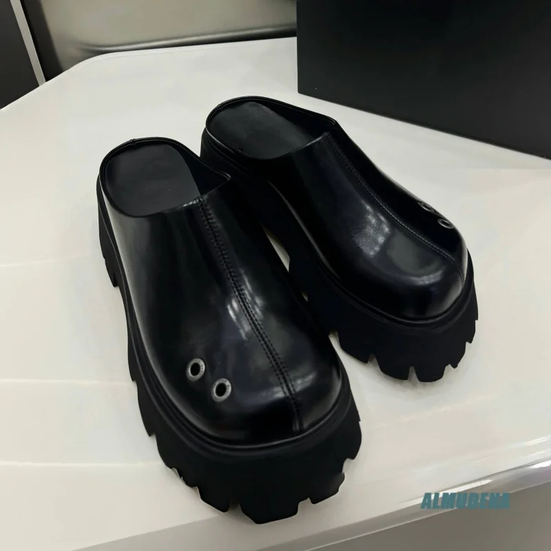 Men's Backless Slip On Mule Shoes Polished Black Leather Round Toe Chunky Platform Sole Outdoor Daily Stylish Casual Slippers