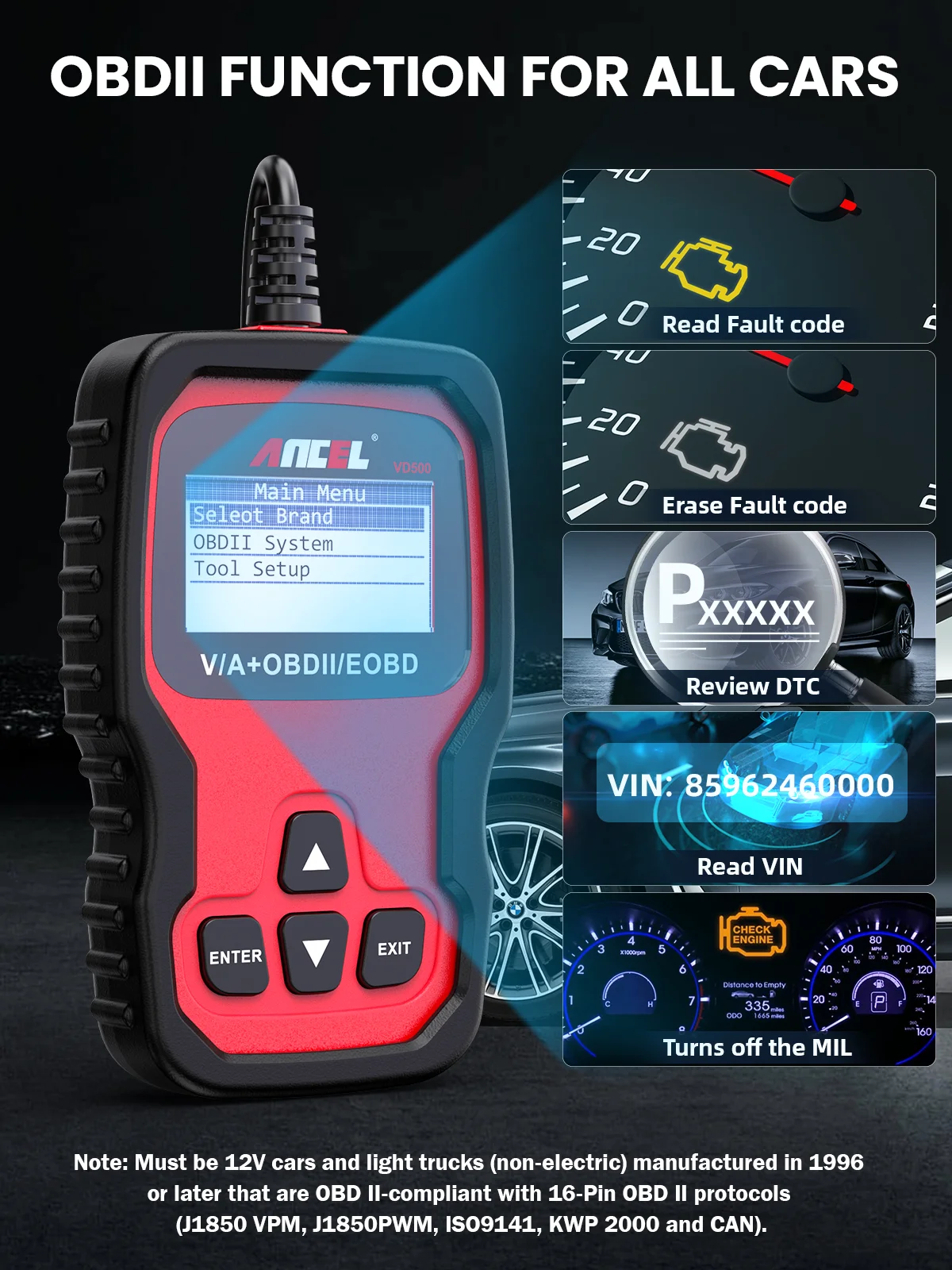 Ancel-escáner automotriz VD500 OBD2, herramientas de diagnóstico de coche, Airbag, ABS, EPB, reinicio de aceite, lector de código de sistema