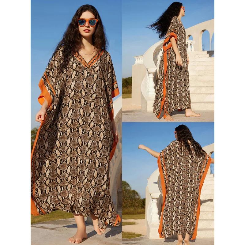 2024 Sexy Color Stripes Print Plus Size Kaftan Casual Hand Knit V-neck Beachwear Swimsuit Cover Up Women Summer Loose Robe