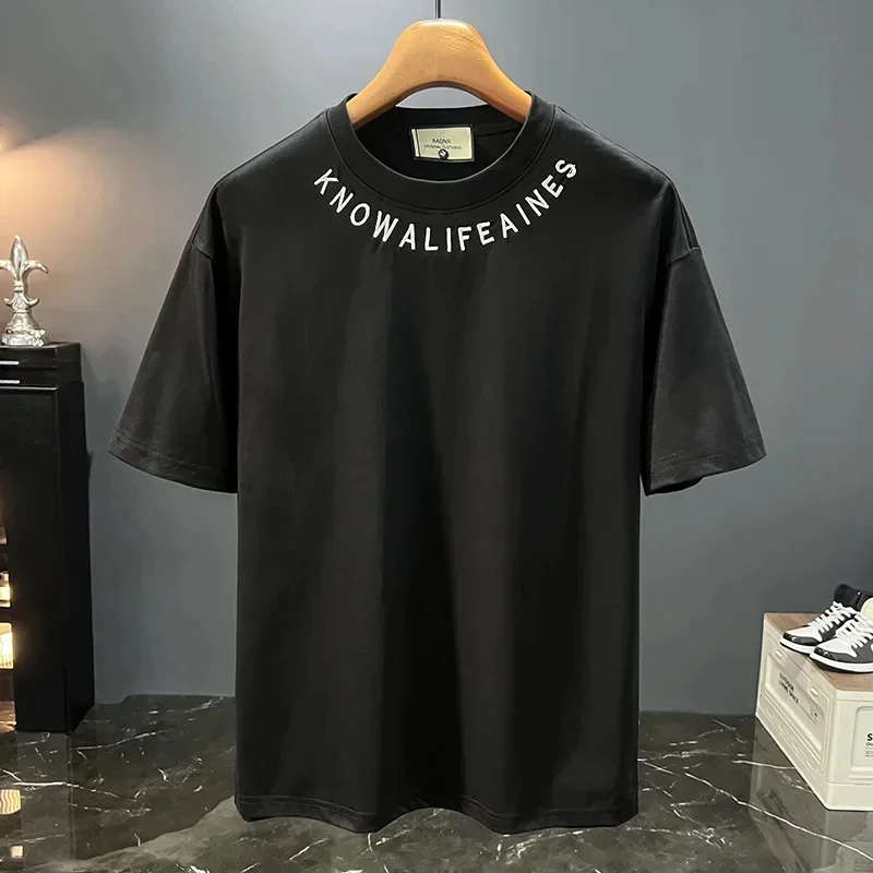 

Уличная футболка с короткими рукавами, мужская летняя тенденция, дизайн с вышитым принтом, модный свободный повседневный топ