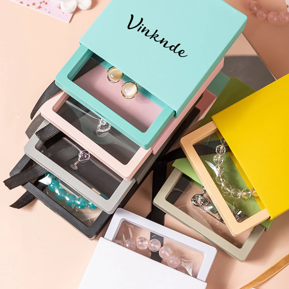 

Custom Logo Floating Jewelry Display Case Crystal Clear PE Film Archival Box Paper Drawer Luxury Retail Ready Packaging Rings