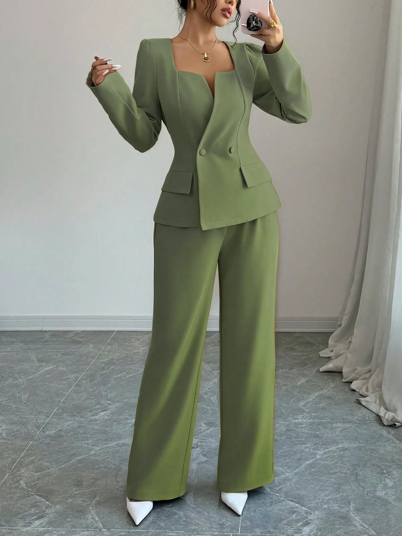 Women'S Fashion Blazer - Women Square Neck Blazer 2 Piece