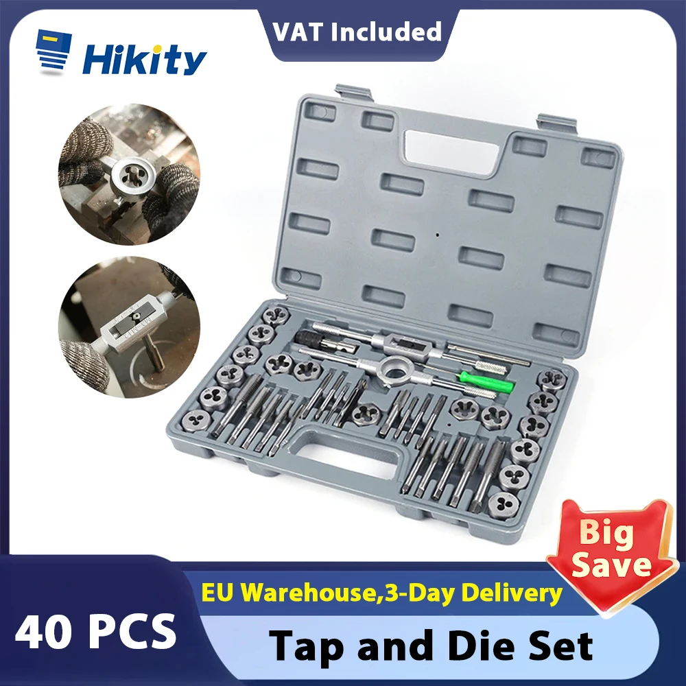 Hikity 40Pcs Tap and Die Set Hand Sets Metric Size for Metal Working Thread Plug Taps Hand Threading Tool  Kit With Storage Case