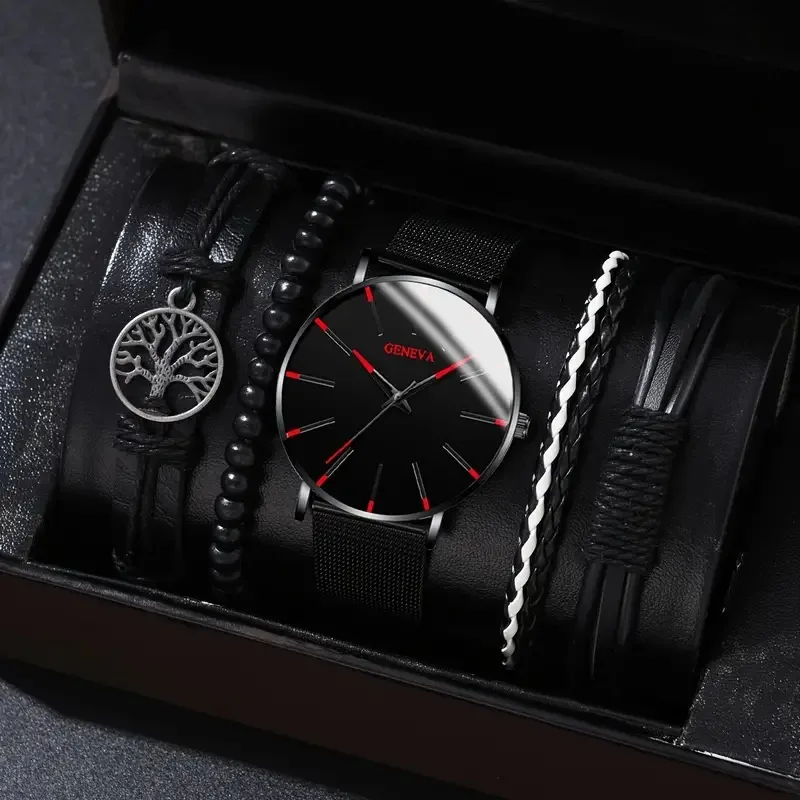 4/5PCS Fashion Men Business Watches Casual Quartz Watch Leather Strap Male Wristwatches Bracelets Set（Without Box）