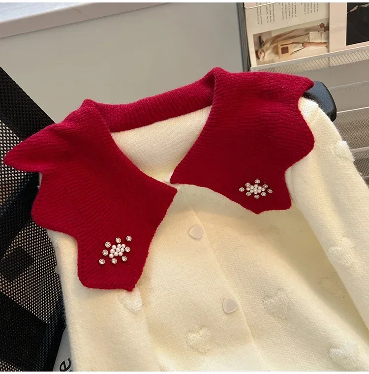 Red White Contrasting Peter Pan Collar Cardigans Women Korean Fashion Knitwear Sweet Sweater Coat Chic Heart Button Top