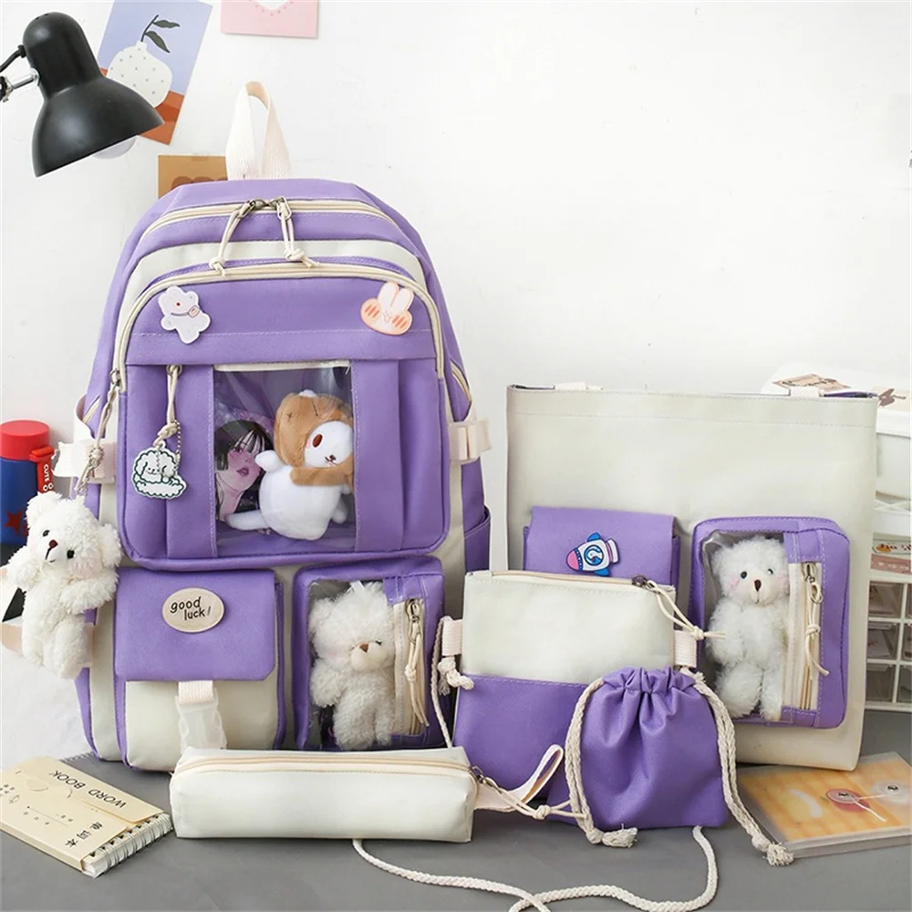 School Bag For Student Korean Cute Kawaii Nylon Canvas Backpack Handbag Schoolbag Pencil Case Travel Tote Large