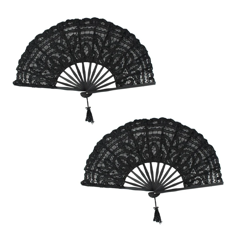 

2X Handmade Cotton Lace Folding Hand Fan For Party Bridal Wedding Decoration (Black)