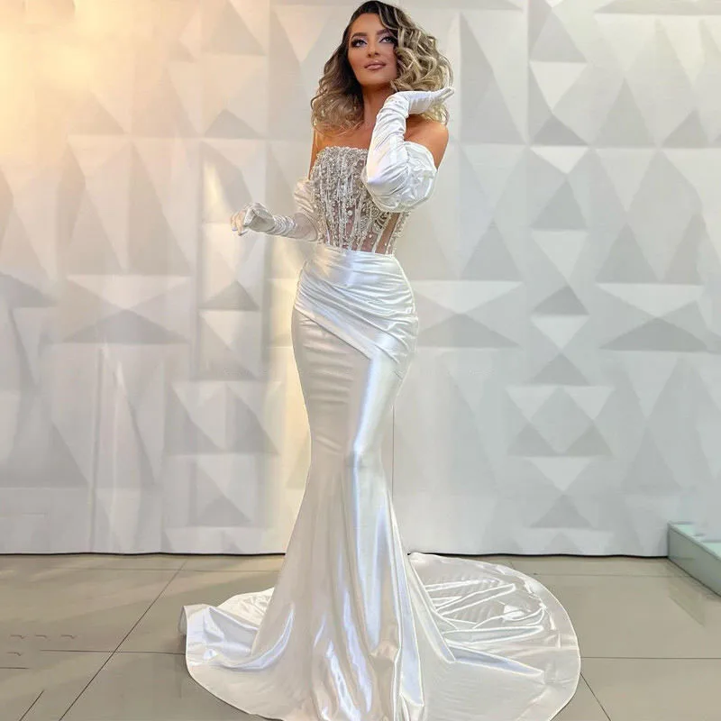 Princess Mermaid Wedding Dresses Strapless Beads Pearls Bridal Gowns Custom Made Lace-Up Back Sweep Train vestidos de novia