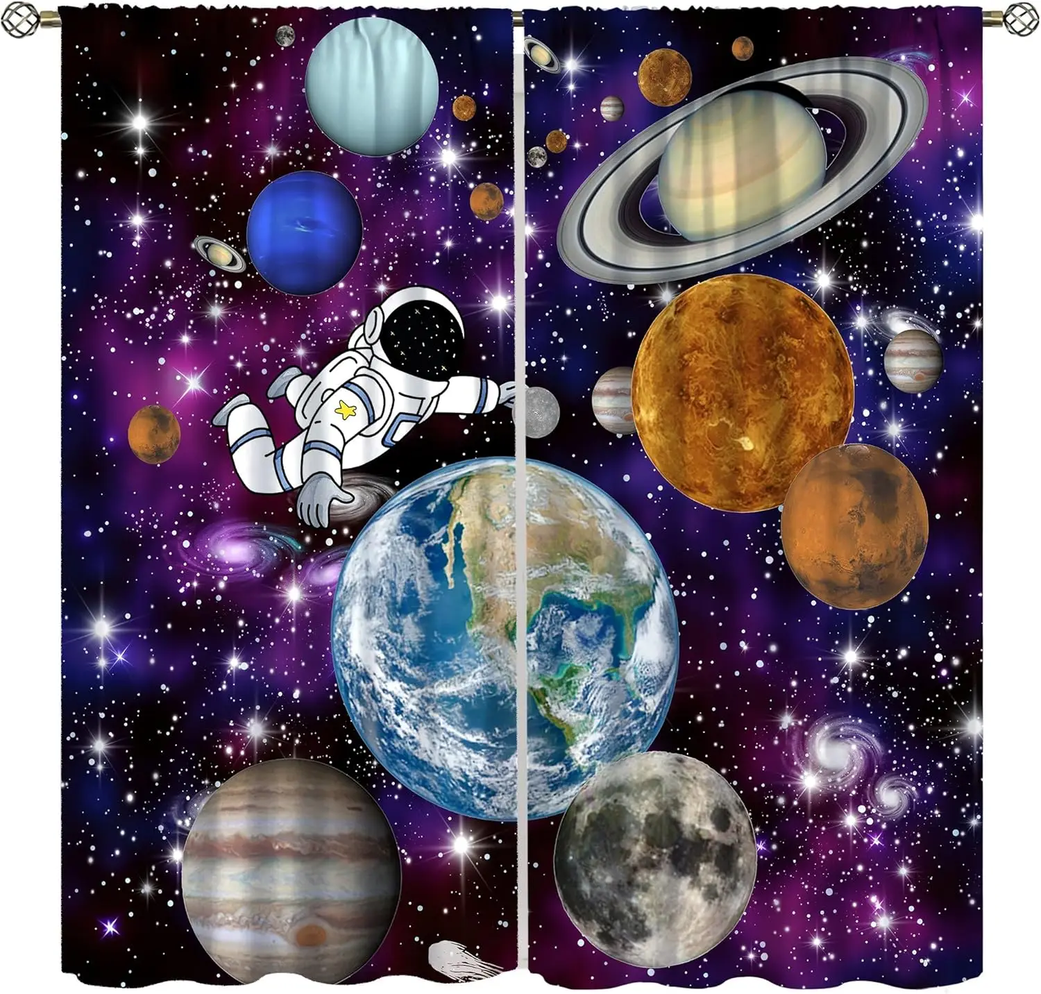 Cartoon Galaxy Astronaut Curtains, Solar System Outer Space Planet Print Rod Pocket Drapes for Boys Teens Bedroom Living Room