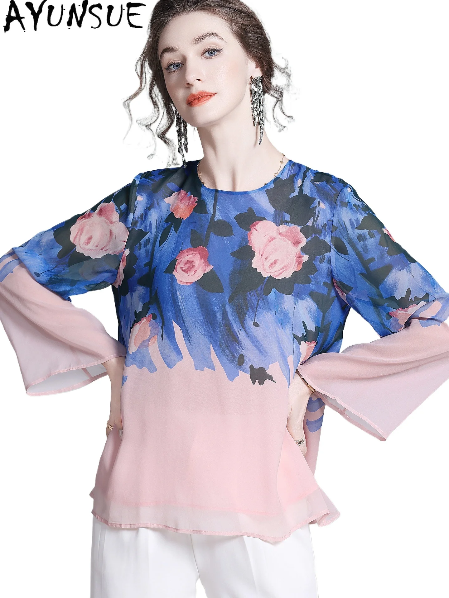 AYUNSUE 100% Natural Mulberry Silk Blouse Women clothes Summer Elegant Womens T-shirts Fashion Print Long Sleeve Блузка Женская