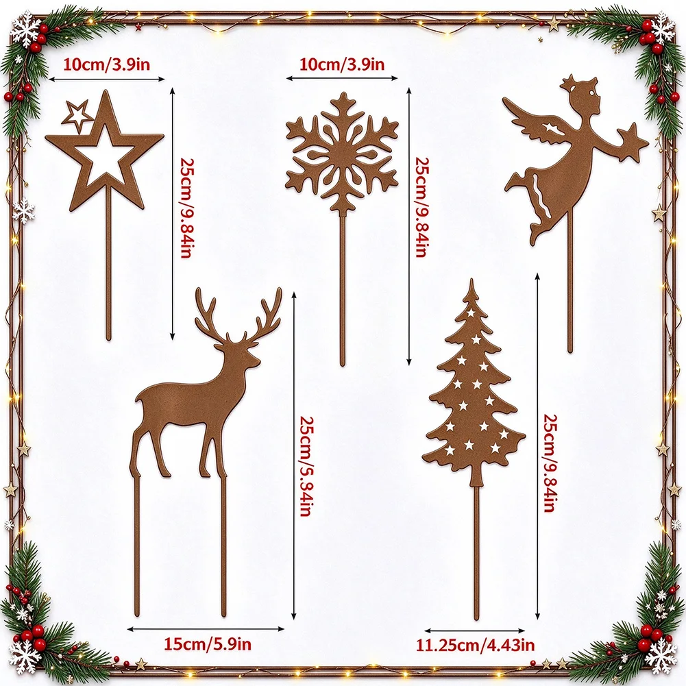 5Pcs Christmas Tree Elk Snowflake Garden Stakes Rust Decorative Garden Decoration Outdoor Set Christmas Decorations