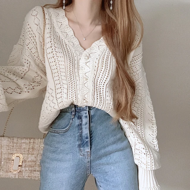 Pointelle Knit Cardigan Women\'s Semi Sheer V-neck Long Sleeve Pearl Button Down Sweater Jacket Teen-girl Fairycore Outfit