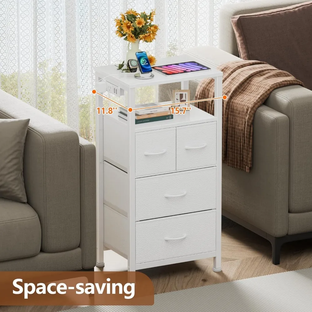 خزانة Furnulem ذات 4 أدراج مع ضوء LED ومحطة شحن، حامل ليلي أبيض مع رف تخزين وقماش ودرج PVC، 33 #5