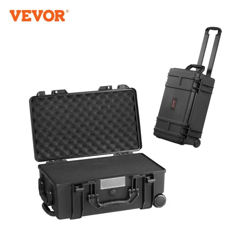 VEVOR Weatherproof Hard Case, Heavy Duty Protective Dry Box Case with Pre-cut Foam, Wheels & Retractable Pull Handles for Travel