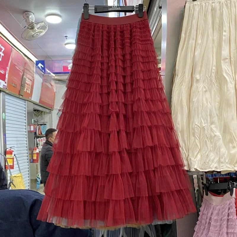 

Ele High Waist Tulle Skirt Women's Spring Summer New Sle Fairy A-Line Layered Cake Long Skirt Polyester Fiber Gored Skirt