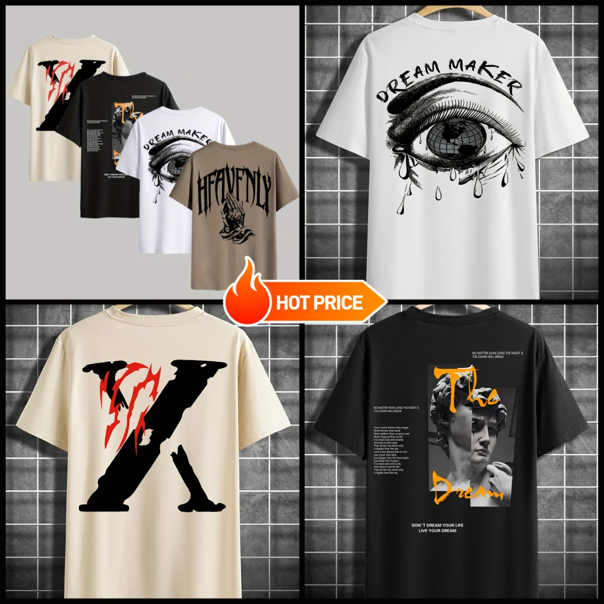 

4pcs Men's Graphic Tees - "Heavenly" & More Designs, Casual Crew Neck Short Sleeve T-Shirts in Beige, Black, White - Lightweight