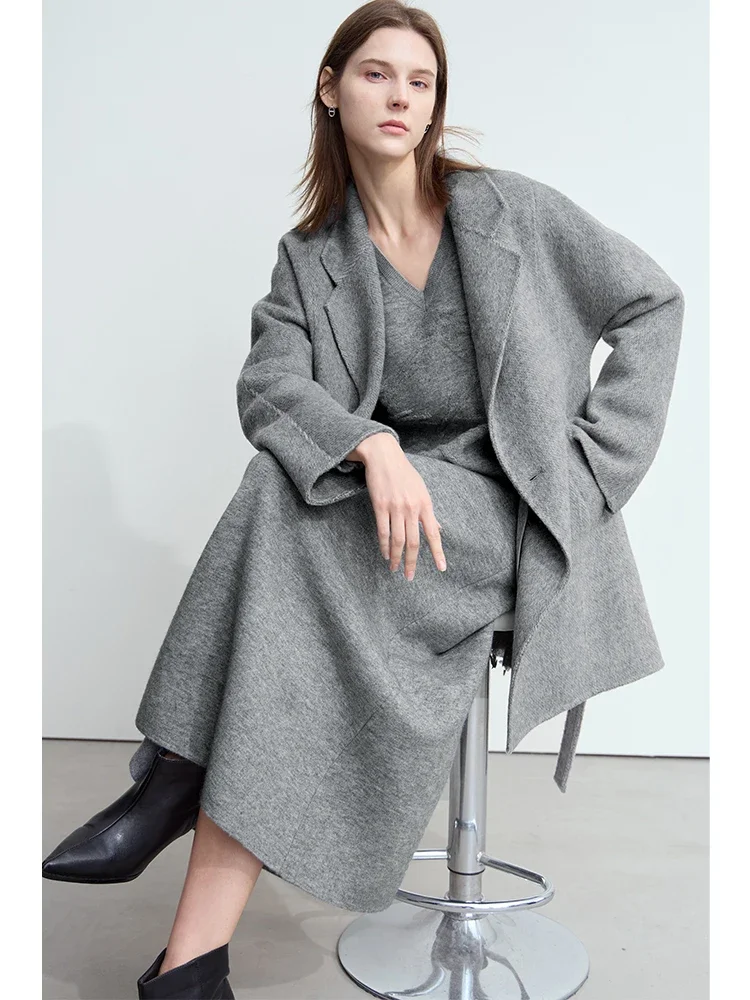 AMII Minimalism Alpaca SheepWool Woolen Coat for Women with Belt 2024 Winter New Lapel Collar Double-breasted Overcoat 12454031