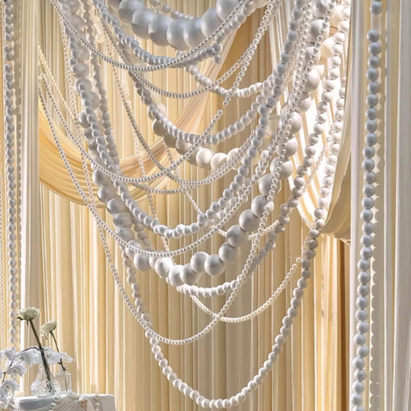 Wedding Birthday Decoration Pearl Beads String Foam Ball Curtain Background Photo Prop Welcome Area Wall Props for Grand Events