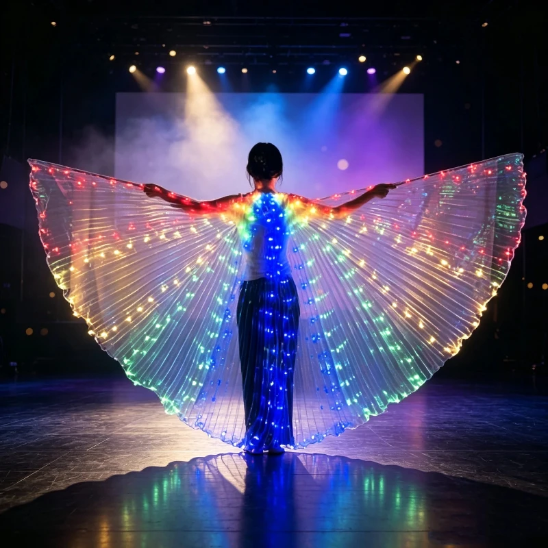 Colorful LED Glow Wings for Women Light Up Belly Dance Wings with Sticks Adult Festival Carnival Stage Dance Costume Prop
