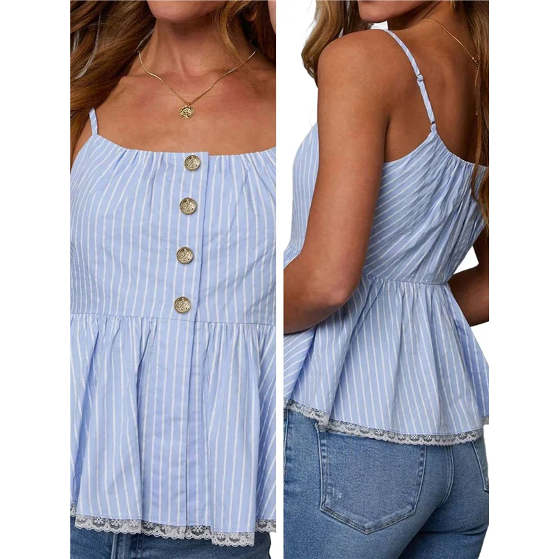 قميص نسائي مخطط بدون أكمام بيبلوم علوي بحاشية مكشكشة