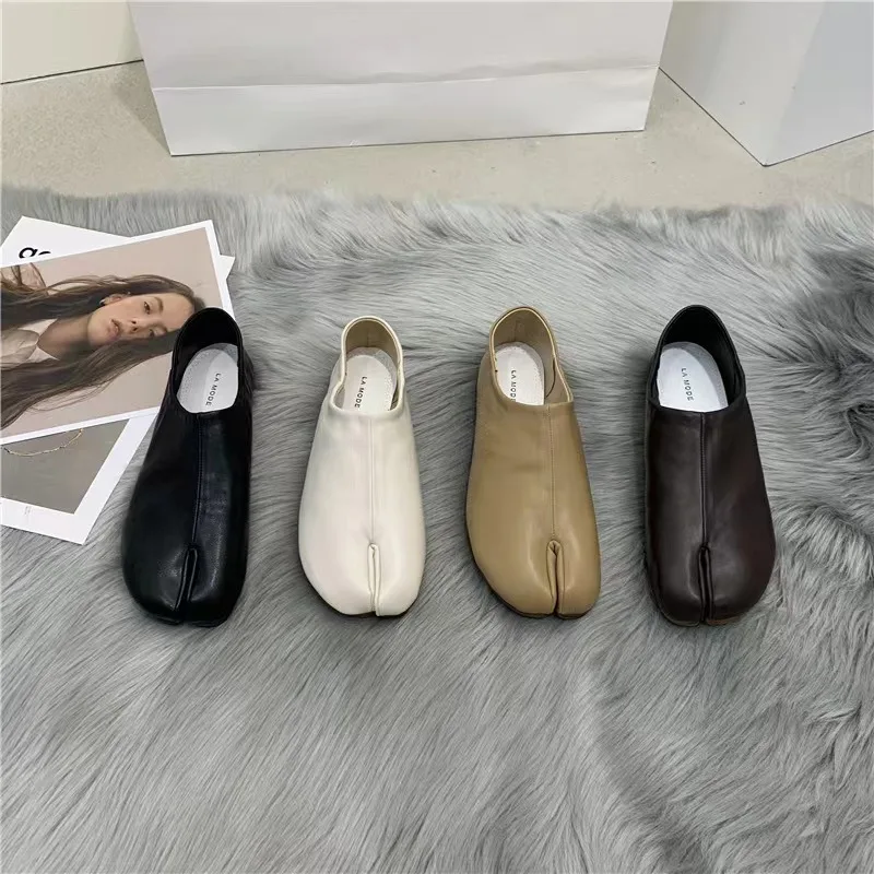 

Sheepskin Flats Moccasins Round Split Toe Shallow Lazy Slip on Mules Leather Shoes Soft Loafers Slip Tabi Ninja Women Cozy Flats