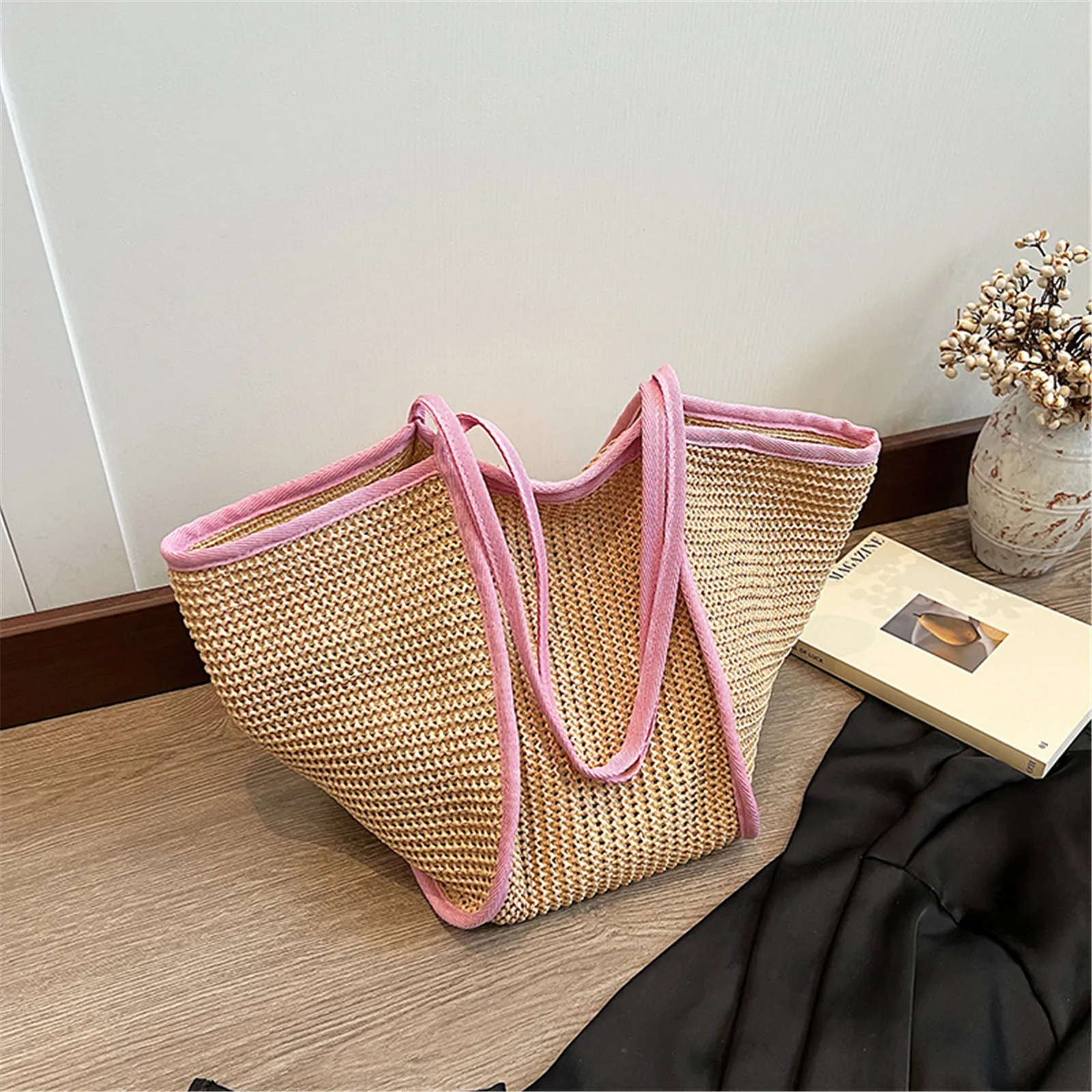 New Fashion Crochet Bags for Women Summer Beach Tote Bag Raffia Aesthetic Totes Straw Handbag Bohemian Woven Knit Shoulder Bag