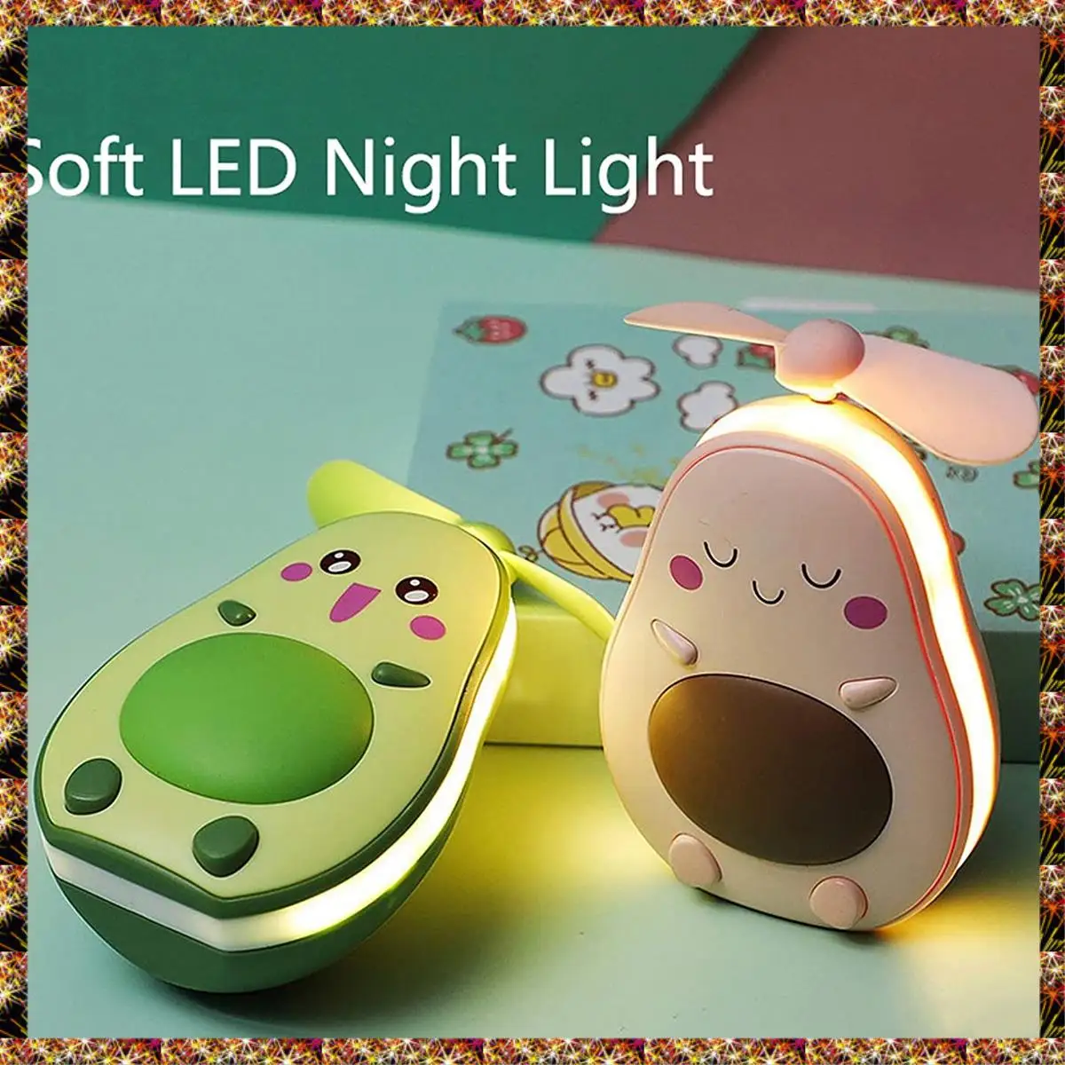 BTCL Mini espejo de maquillaje LED y ventilador 2 en 1 ventilador de mano con carga USB portátil práctico en forma de aguacate lindo integrado